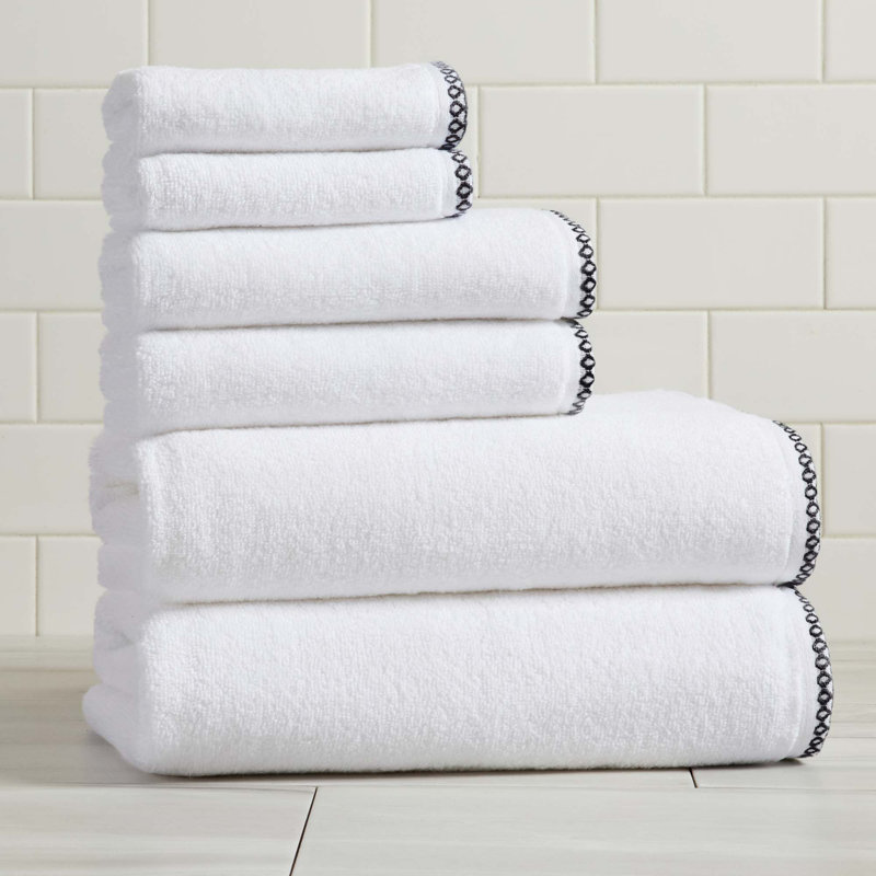 Ensemble de serviettes de bain décoratives en coton léger, Blanc/Noir, Ensemble 6 serviettes de bain