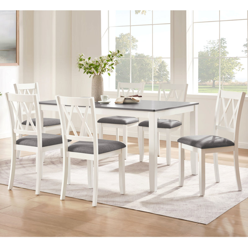 Ensemble de salle à manger moderne en bois massif de 7 pièces avec 6 chaises rembourrées - table rectangulaire pour 6 personnes, ensemble de salle à manger et de cuisine peu encombrant, facile à assembler