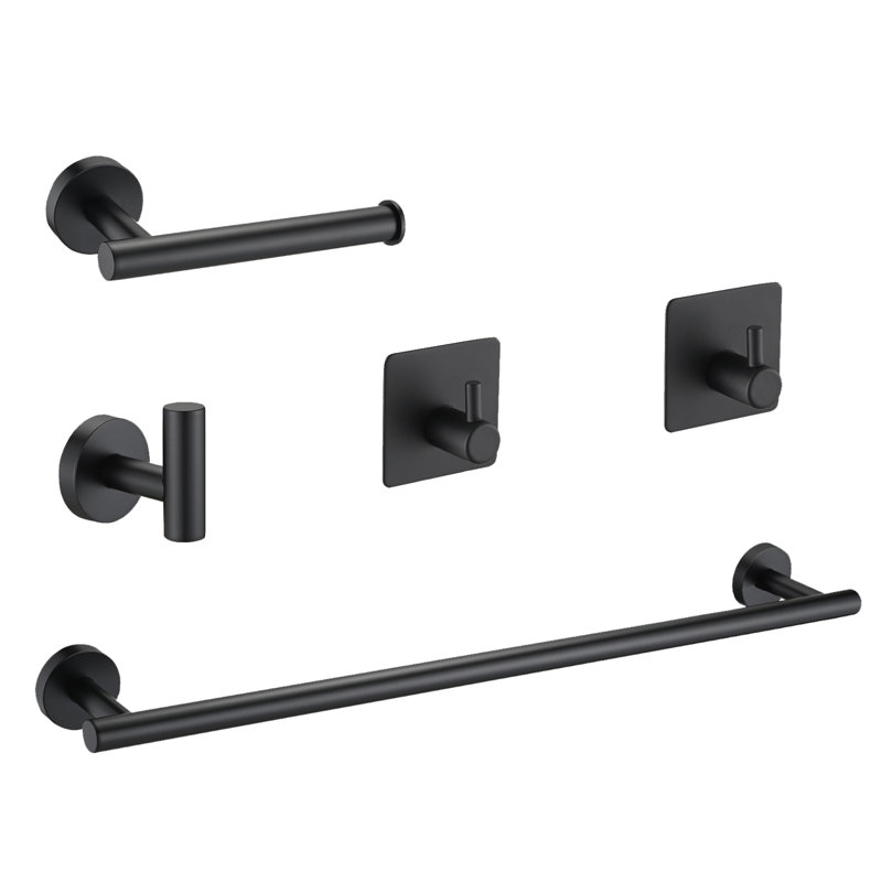 Bathroom Hardware 5-Piece Bath Hardware Set With Towel Bar, Robe Hook, Toilet Paper Holder In Matte Black