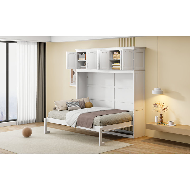 Lit double en blanc avec armoires à tiroirs supérieurs - Ajoute une armoire de rangement pratique, peu encombrante pour les petits appartements