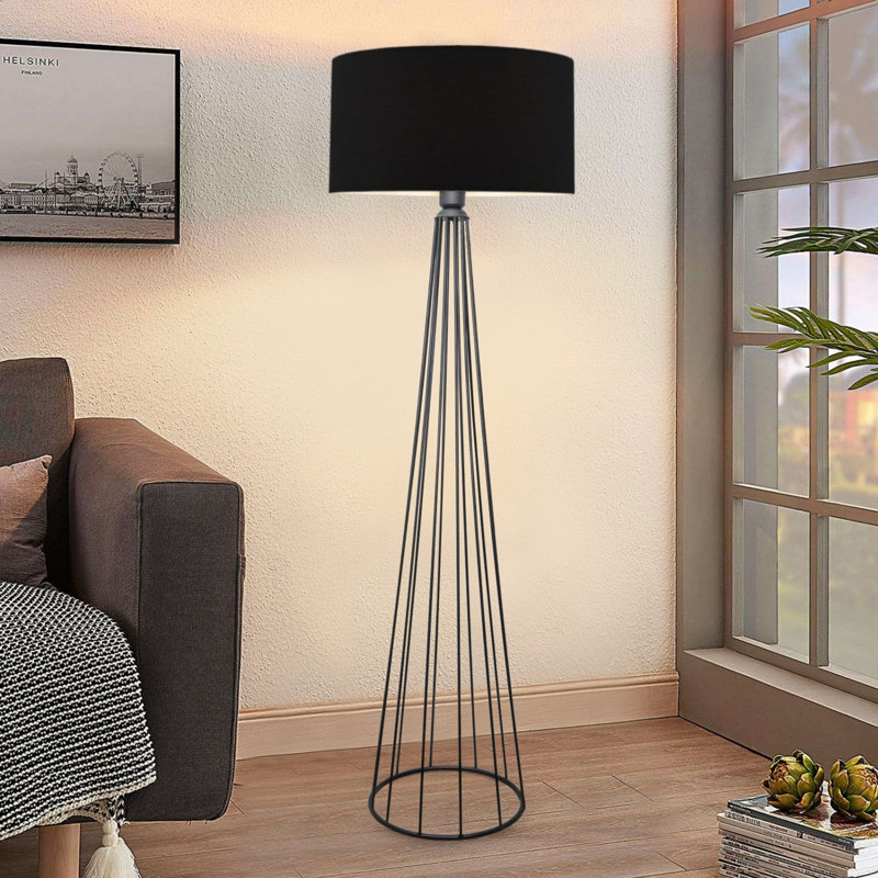 Lampe sur pied industrielle moderne, 100% métal, hauteur 61,0 pouces, couleur noire, douille E27 de 40 W maximum | Capuchon en tissu élégant, parfait pour la décoration de la maison et du bureau, conception élégante de couleur unie pour un look contemporain
