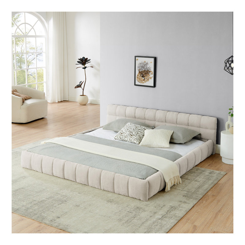 Très grand cadre de lit tapissier très grand avec tissu épais, lit plateforme grand format en chenille avec tête et cadre. Pas besoin de sommier tapissier - beige