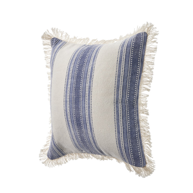 Navy and Ivory Striped Cotton Throw Pillow Set with Fringe