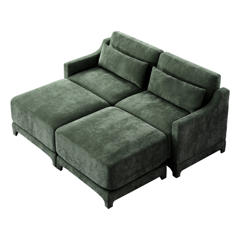 Canapé 2 places en tissu de chenille avec 2 repose-pieds et 2 coussins lombaires, Vert