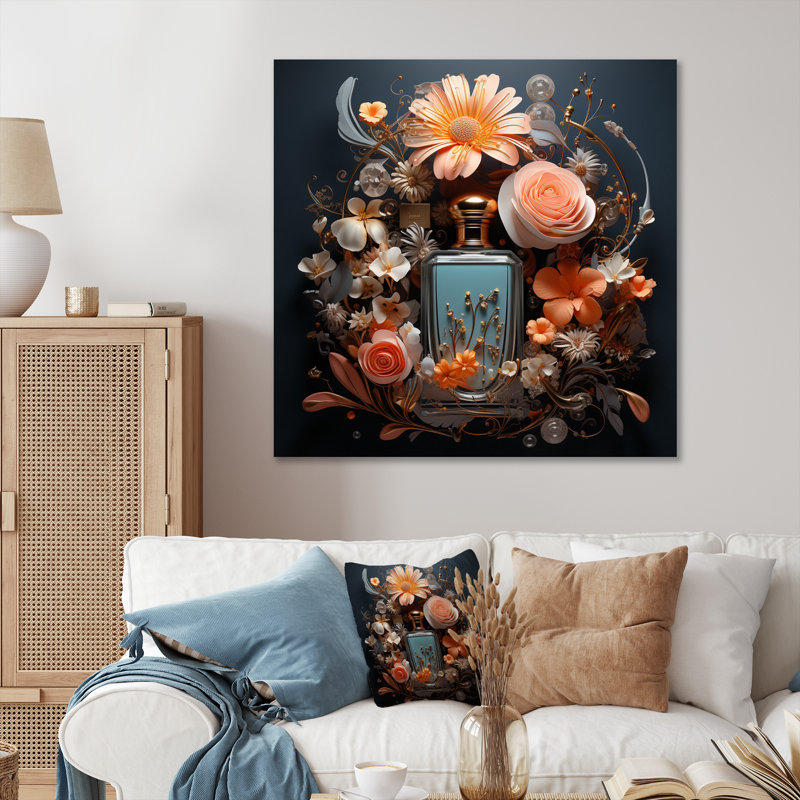 «Perfume Bottle with Pink Blossoming Flowers», reproduction sur toile, H 30 po x l 30 po x P 1 po, Toile tendue