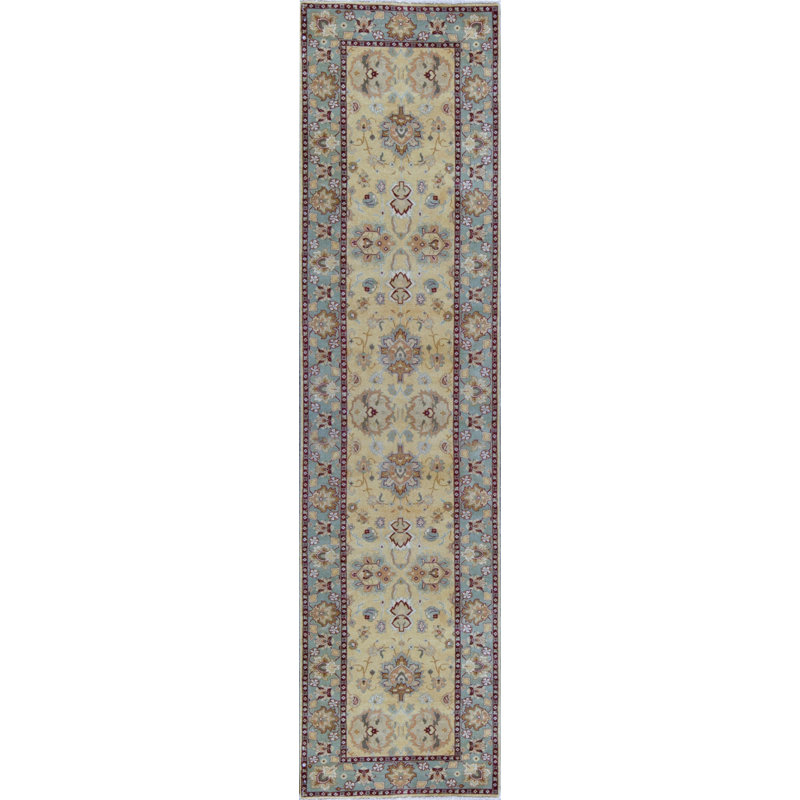 Hand-Knotted High-Quality Gold and Light Green Runner