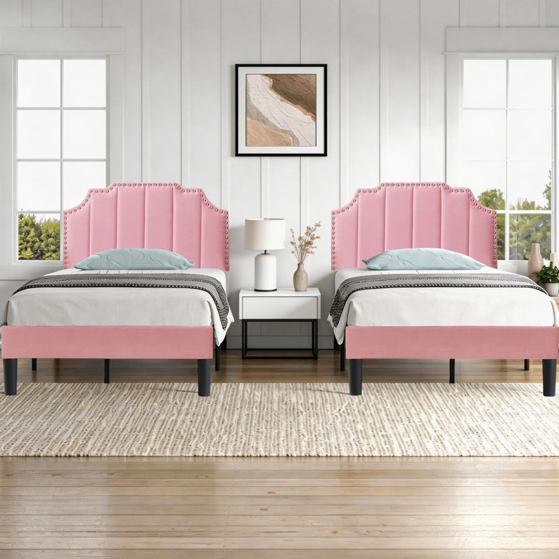 Aldora Twin Size Set Upholstered Adjustable Headboard Noiseless Platform Bed, Pink