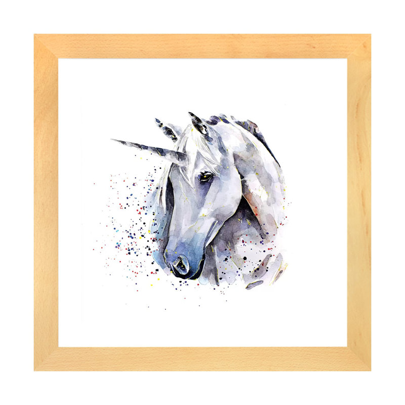 Licorne par Edwatercolours-impression, Blanc, Toile avec cadre en bois beige, H 24 po x l 24 po x p 1 po