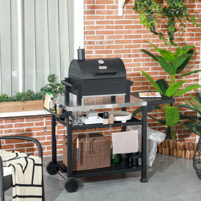 Movable Outdoor Cooking Cart, 46" X 21.75", Stainless Steel, Foldable Side Table, , Black Portable Serving