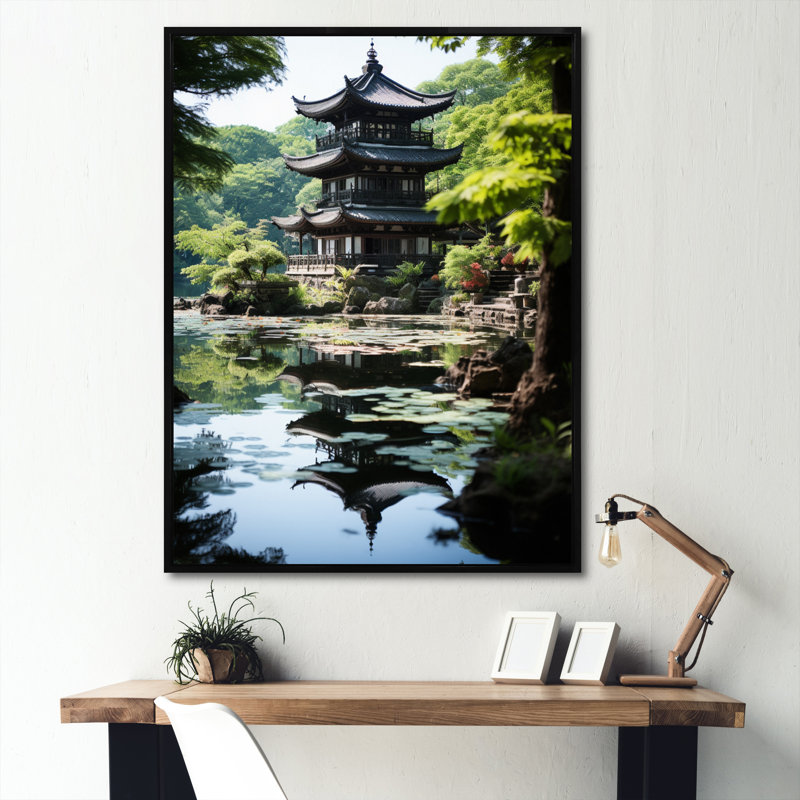 Tagert, art asiatique, pagode sereine - impression, H 32 po x l 24 po x P 1 po, Toile avec cadre flottant noir