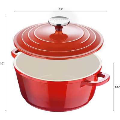 OVENTE Dutch Oven Pot with Lid, 4.6 Quart Aluminum Non-Stick Coated Cookware for Sourdough Bread Baking, Braising, Cooking Soups and More, Oven and Dishwasher Safe, Works on All Stovetops, Red DOA546R