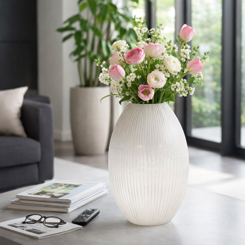 Decorative Ribbed Tall Glass Vase for Table Home Decor - Modern Minimalist Flower Vase for Tabletop, Shelf, or Console Display - 18", White