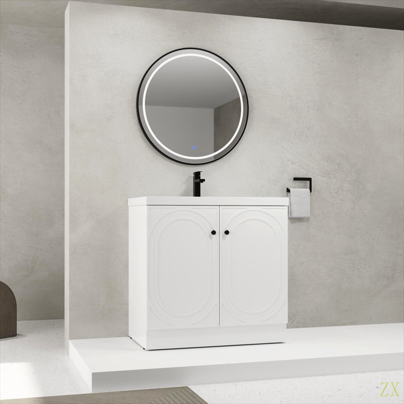 Lavabo de salle de bain sur pied 36 po en résine et 2 portes d'armoire à fermeture en douceur (emballage KD), Blanc, 35"