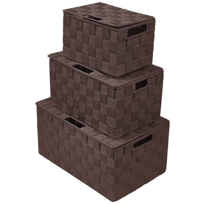 Sorbus Stackable Woven Basket with Lid and Handles 3 Pack, Chocolate
