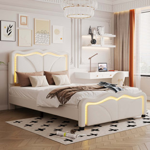 Upholstered Platform Bed With Curve Shaped And Height-Adjustbale Headboard,LED Light Strips