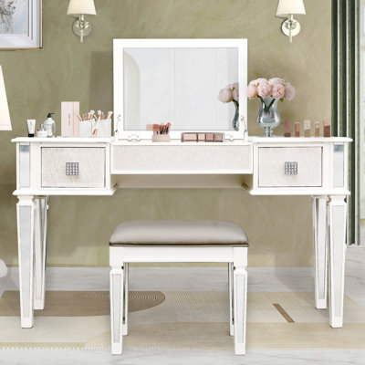 Makeup Vanity Table with 2 Diamond Handles Drawers & Flip-Up Storage Mirror and Vanity Set with PU Stool
