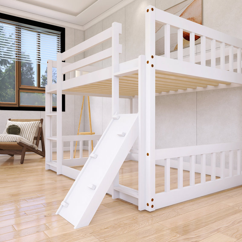 Lit superposé simple au-dessus d'un lit simple avec rampe d'escalade et échelle en bois, Blanc