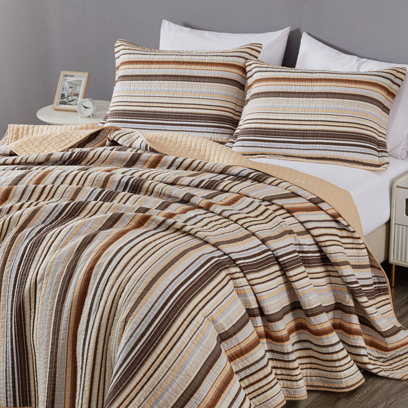 Avery Striped Pre-Washed Cotton Quilt Set, Brown/Cream/Gray, Oversized King Quilt + 2 King Shams