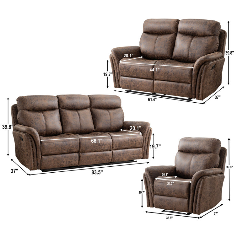 Monserratte 3 - Piece Classic Vegan Leather Manual Reclining Living Room Set with Nailhead Trim