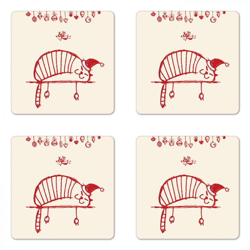 Ensemble de 4 sous-verres de noël ambesonne de chat amusant avec un xmas suspendu en forme de fée et peu de fée, des sous-verres à panneaux rigides, une taille standard, du rouge