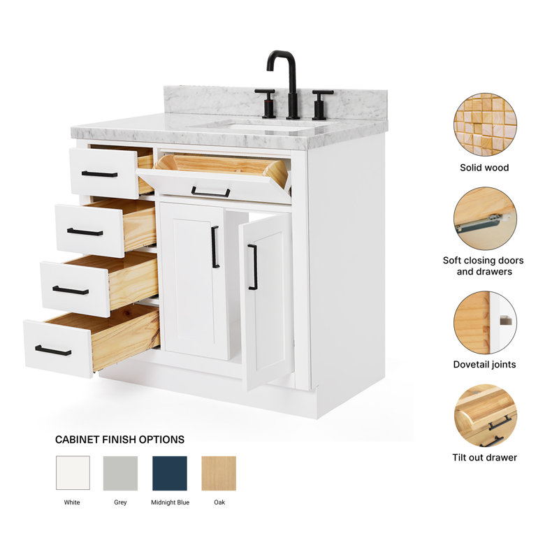 ARIEL HEPBURN 37 IN RIGHT OFFSET RECTANGULAR SINK VANITY 1,5 IN, White, Right, Rectangular