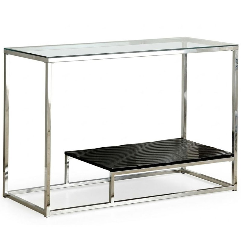 Odilia Console rectangulaire en verre noir et chrome avec tablette en verre ondulé