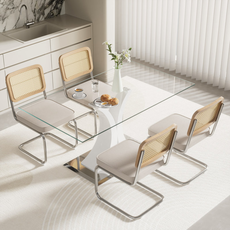 Ensemble de salle à manger rectangulaire, 5 pièces: table, 4 chaises, Blanc, Beige