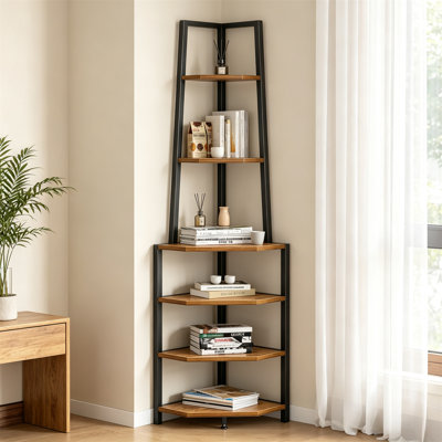 6-Tier Corner Shelf – Industrial Style Bookcase, Multi-Functional Tall Plant Stand with Open Display Shelves