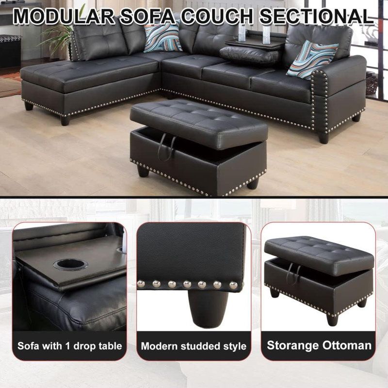 Plyler 97.2" Wide Modular Sectional with Ottoman, Black Faux Leather, Left Hand Facing