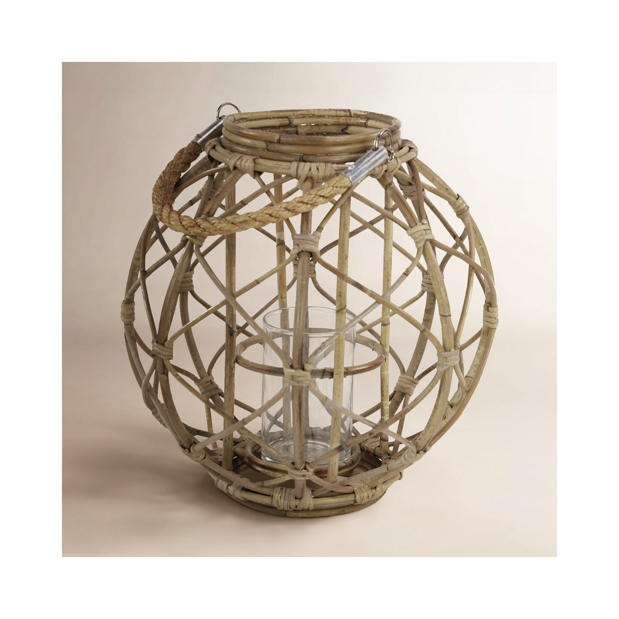 Round Rustic Woven Rattan Lantern, Brown, 10.5" H x 13" W x 13" D