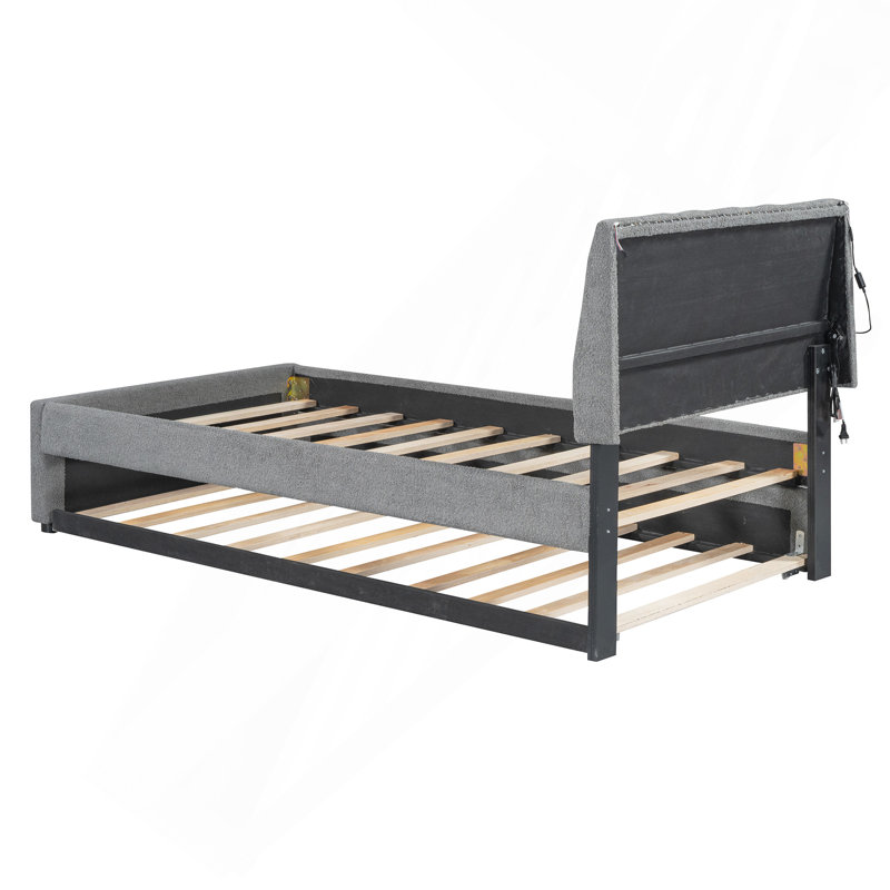 Lit plateforme tapissier simple avec lit gigogne Teddy, Gris
