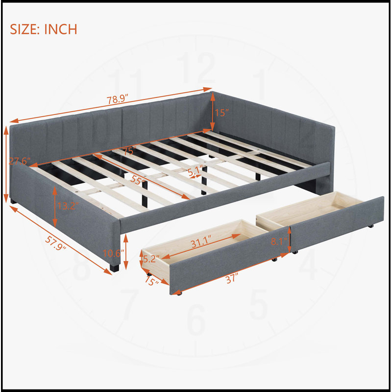 Full Size Linen Upholstered Daybed with 2 Storage Drawers, No Box Spring Needed, Ideal for Modern and Functional Living, Gray