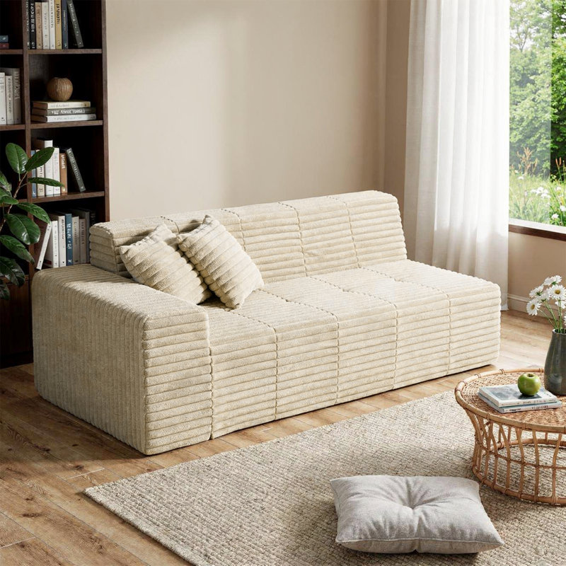 Boneless Upholstered Faux Rabbit Fur Flannel Sofa With Pillows - All Foam Compressed And No-Assembly Modular Design