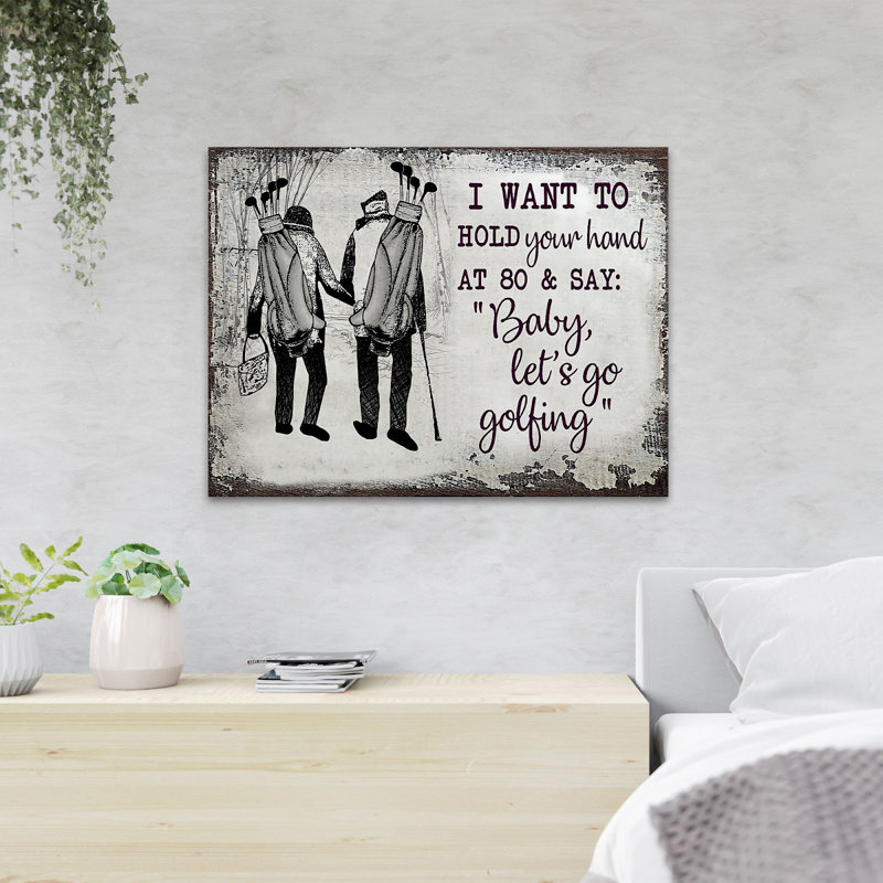 Vieux couple blanc et noir et golf - Baby, Let's Go Golfing - 1 pièce, impression d'art graphique rectangulaire sur toile tendue