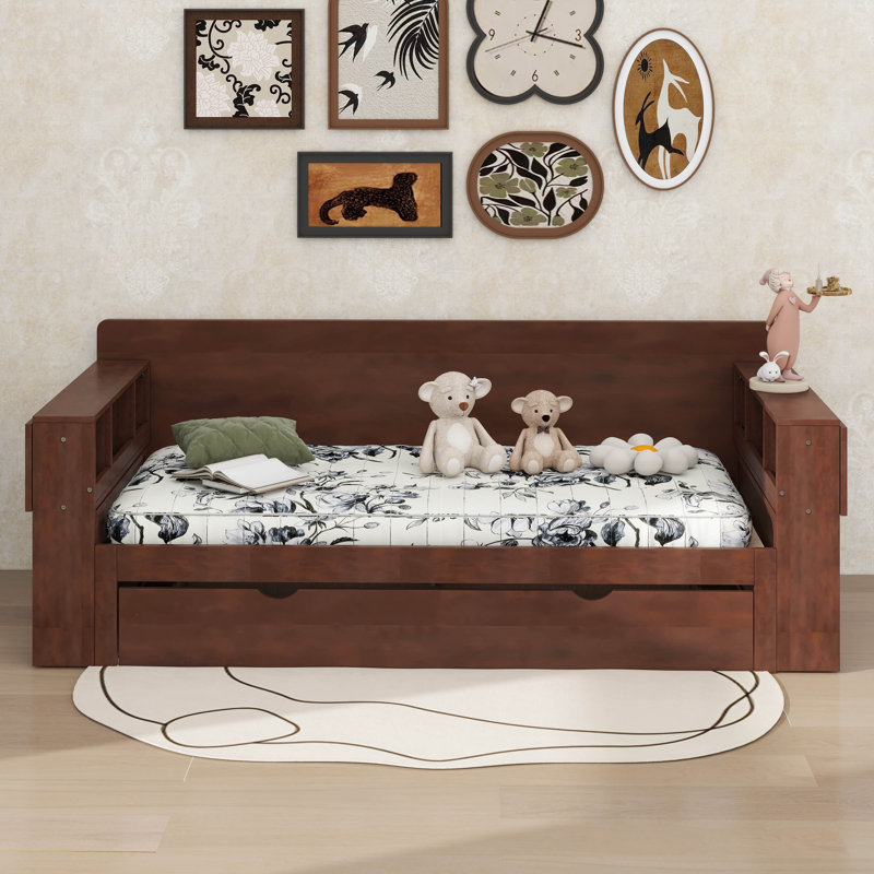 Lit de jour avec bureau amovible - Tiroirs de rangement et table d'appoint hydraulique, Espresso, Grand lit