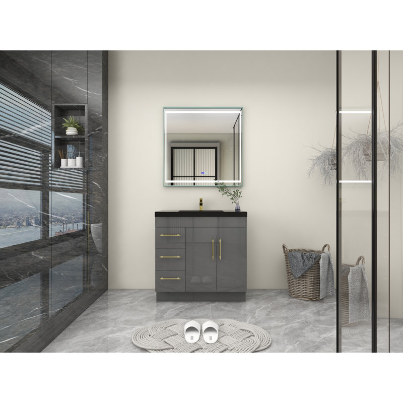 Ensemble de meuble-lavabo simple 36 po Camora, Gris ultrabrillant, Or mat
