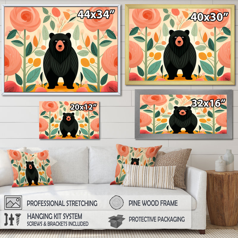 «Pink Tropical Bear Harmony III - Bear 2», art mural, H 34 po x l 44 po x P 1,5 po, Cadre d'angle fermé noir