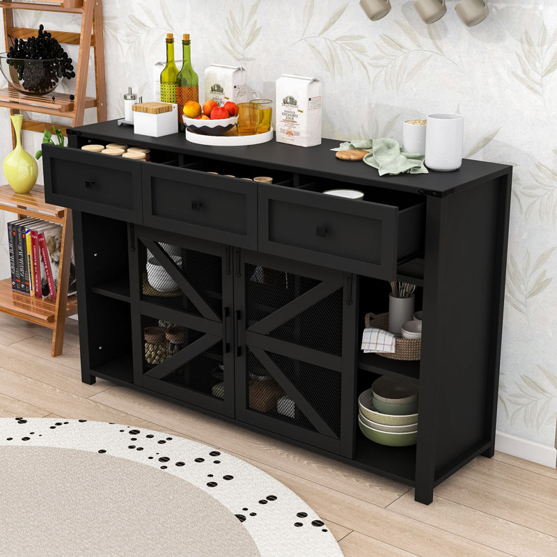 Sliding Barn Door Sideboard Buffet Cabinet with 3 Drawers, Adjustable Shelves and Metal Mesh Doors, Black