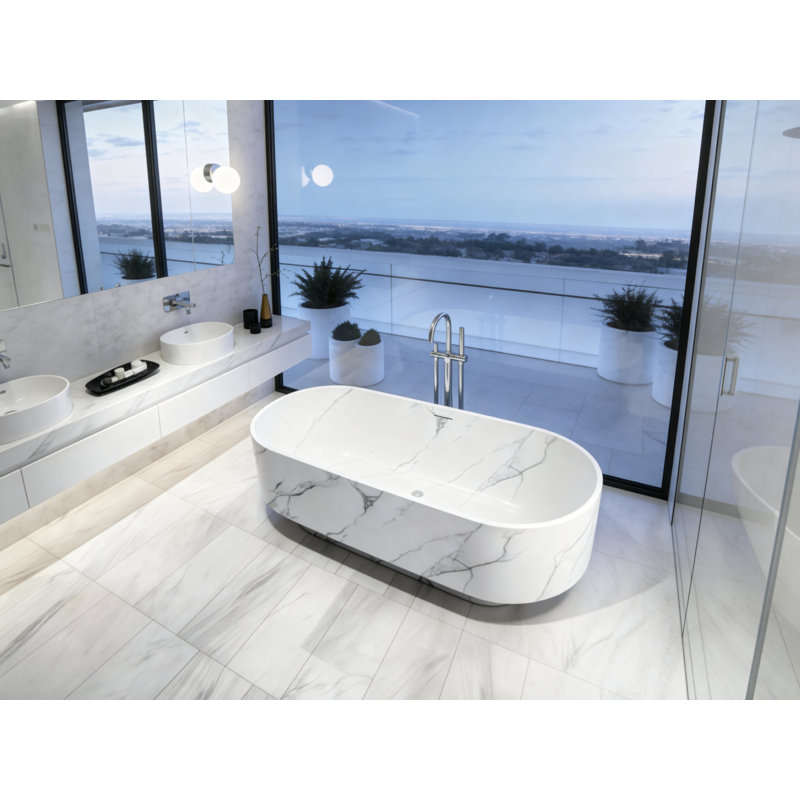 Baignoire de trempage autoportante à surface solide de 67 po, blanche avec veines grises, baignoire ovale moderne en résine de pierre