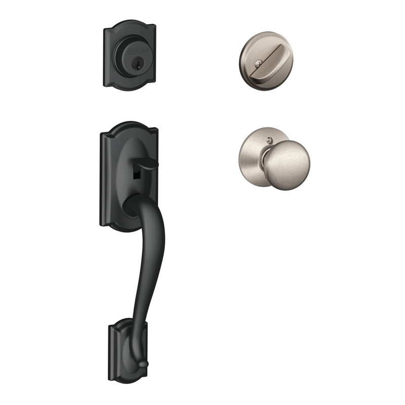 Camelot Handleset with Single Cylinder Deadbolt and Plymouth Door Knob and Rosette, Matte Black by Satin Nickel, Keyed Alike