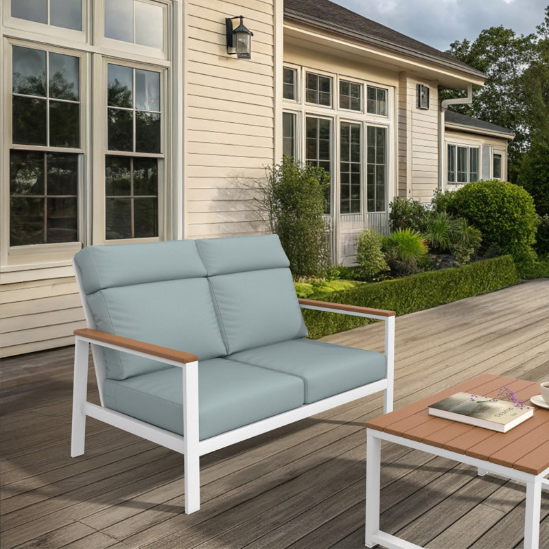 Causeuse d'extérieur en métal avec coussin Sunbrella Townsend, Bliss Dew, Brun