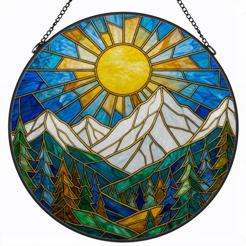12"H Sun Mountain Stained Glass Window Panel, 12" H x 12" W