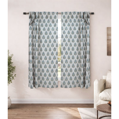 Handmade Block Print Linen Curtain “Gulnari” – Light Filtering Boho Floral Window Treatment Panel, Green Blue