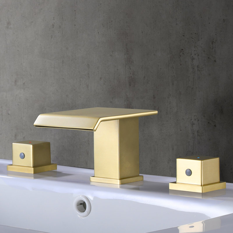 Solid Brass Two Handle Waterfall Widespread Bathroom Sink Faucet with Optional Drain Assembly , Brushed Nickel