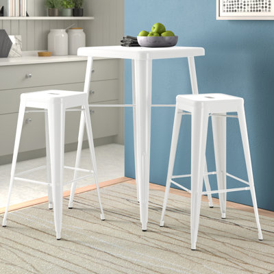Gyeong 23.75'' Square Metal Indoor-Outdoor Bar Table Set with 2 Square Seat Stools