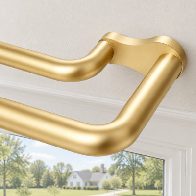 Fast Curtain Change is built into this Gold 32 to 58 Inch Wrap-Around Double Rod; the Adjustable Blackout setup supports Room-Darkening Curtains, Heat Insulation and No Sagging, with Easy Installation