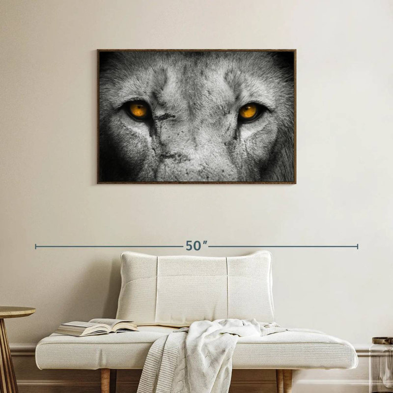 Pop aux yeux de lion, 37 po x 25 po, Cadre flottant en noyer