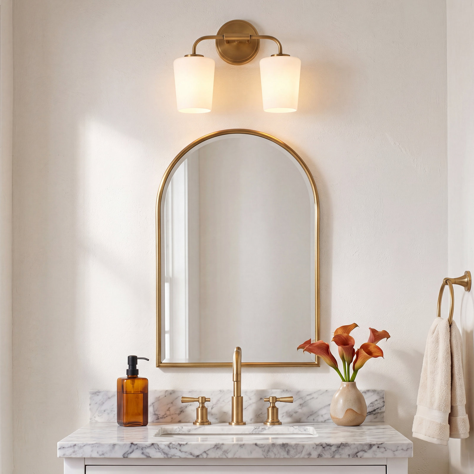 Fitz 2 Light Frosted Dimmable Vanity Light, Lacquered Brass