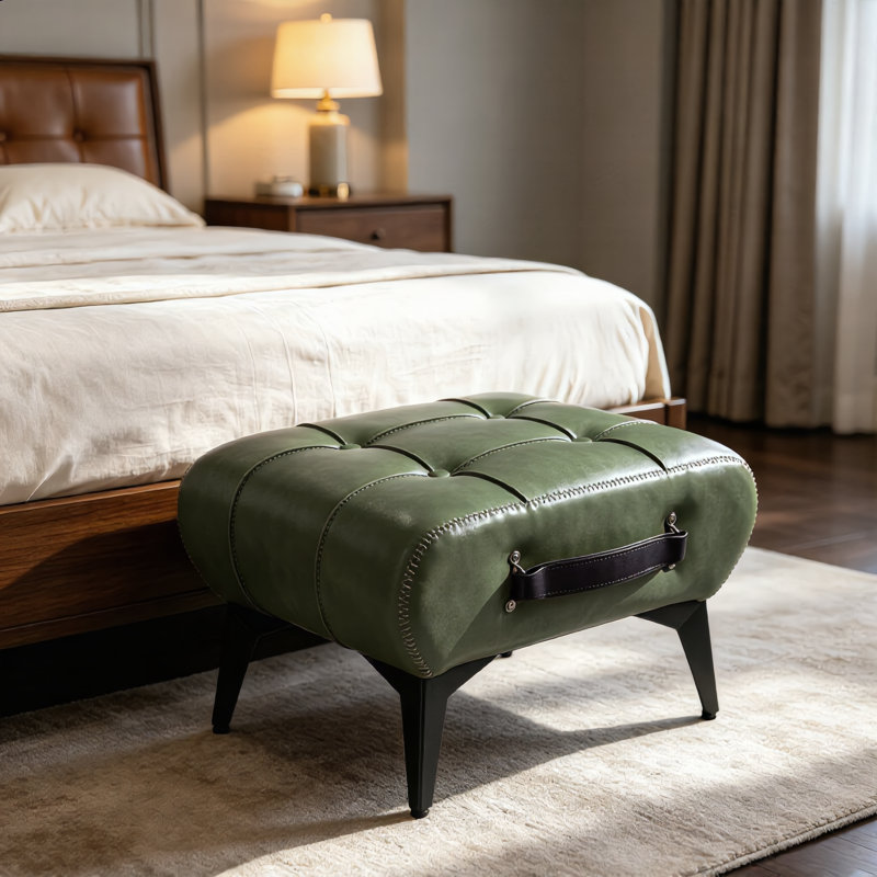 Repose-pieds moderne capitonné en cuir avec compartiment de rangement caché, Vert + cuir