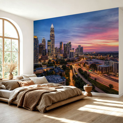 Wall Mural Peel and Stick Wallpaper atlanta georgia skyline new york city skylines dusk building Self-Adhesive Removable Contact Paper Wall Decor for Living Room Bedroom 69"H x 96"W